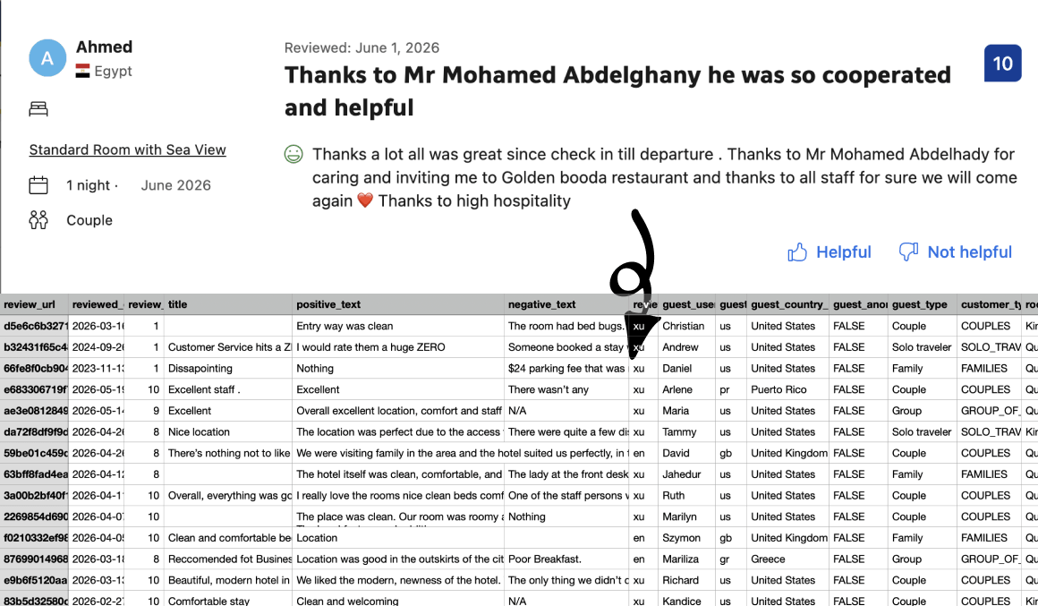 Booking Review Extractor exporting a hotel review from Booking.com into a CSV spreadsheet